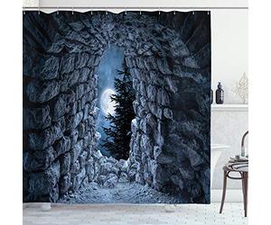 ABAKUHAUS Gothic Shower Curtain, Dark Cave the Full Moon at Night Scary Horror Medieval Artwork Print, Cloth Fabric Bathroom Decor Set with Hooks, 78 Inches, Blue Grey