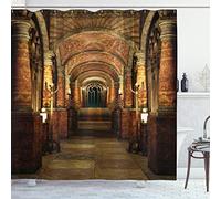 ABAKUHAUS Gothic Shower Curtain, Passage Stairways Secret Gateway Pillars Medieval Building Theme, Cloth Fabric Bathroom Decor Set with Hooks, 78" Inches, Brown and Red