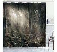 ABAKUHAUS Gothic Shower Curtain, Photo of Dark Forest Scenery Sunbeams and Fog Vintage Nostalgic Colors Fantasy Art, Cloth Fabric Bathroom Decor Set with Hooks, 70 Inches, Brown