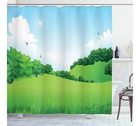 ABAKUHAUS Grass Shower Curtain, Flower Composition with Forest Hills Scenic View Arrangement Summer Season Meadow, Cloth Fabric Bathroom Decor Set with Hooks, 78 Inches, Blue Green
