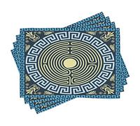 ABAKUHAUS Greek Key Placemats, Labyrinth, Washable Fabric Dining Room Kitchen Table Decoration Digital Print, Blue Light Yellow