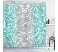ABAKUHAUS Grey and Aqua Shower Curtain, Ombre Traditional Universe with Tribal Geometric Mandala Artwork, Cloth Fabric Bathroom Decor Set with Hooks, 70 Inches, Aqua Grey