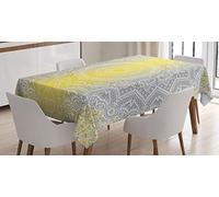 ABAKUHAUS Grey and Yellow Tablecloth, Mandala Ombre Old Boho Pattern with Spiral Round Floral Print, Dining Room Kitchen Table Cover, Rectangular 140 x 200 cm, Yellow Grey