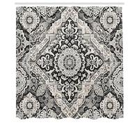 ABAKUHAUS Grey Shower Curtain, Eastern Mosaic Look Print of Blooming Moroccan Tiles Art with Victorian Leaves, Cloth Fabric Bathroom Decor Set with Hooks, 78" Inches, Pale Mustard Yellow pearl