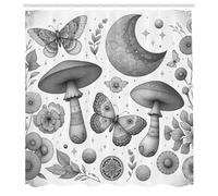 ABAKUHAUS Grey Shower Curtain, Medieval Nature Feels Art of Mushroom Moth Moon and Leafy Flowers Witchcore, Cloth Fabric Bathroom Decor Set with Hooks, 78" Inches, Dark Taupe Off-White