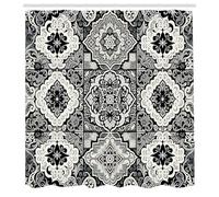 ABAKUHAUS Grey Shower Curtain, Oriental Trippy Art with Moroccan Tile Pattern of Blooming and Curlicue Leaves, Cloth Fabric Bathroom Decor Set with Hooks, 78" Inches, Off-White Dimgray