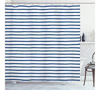 ABAKUHAUS Harbour Stripe Shower Curtain, Horizontal Nautical Stripes Pattern Hand Drawn Marine Sea Illustration, Cloth Fabric Bathroom Decor Set with Hooks, 70 Inches, Night Blue White