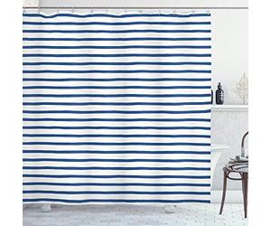 ABAKUHAUS Harbour Stripe Shower Curtain, Horizontal Nautical Stripes Pattern Hand Drawn Marine Sea Illustration, Cloth Fabric Bathroom Decor Set with Hooks, 70 Inches, Night Blue White