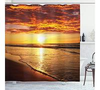ABAKUHAUS Hawaiian Shower Curtain, Dramatic Sunset Scenery Calm Exotic Beach Ocean Waves Coastal View, Cloth Fabric Bathroom Decor Set with Hooks, 70 Inches, Dark Orange Orange