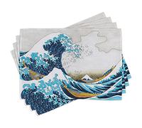 ABAKUHAUS Hokusai Place Mats Set of 4, Illustration of Graphical Waves Splashing with People in the Boats Through Ocean, Washable Fabric Placemats for Dining Table, Standard Size, Coconut Blue