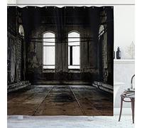 ABAKUHAUS Industrial Shower Curtain, Vintage Style Grunge Floor Walls and Windows Messy Aged Wrecked Workshop, Cloth Fabric Bathroom Decor Set with Hooks, 70 Inches, White Dark Brown
