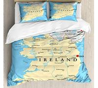ABAKUHAUS Ireland Map Duvet Cover Set, High-Detailed Mapping, Bedding Set 3 Pieces with 2 Pillow Shams, 200 x 200 cm - 70 x 50 cm, Deep Sky Blue Multicolor