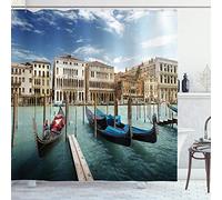 ABAKUHAUS Italian Shower Curtain, Gondolas in the Venetian Adriatic Lagoon Historical Venezia Photo, Cloth Fabric Bathroom Decor Set with Hooks, 78 Inches, Almond Green Sand Brown