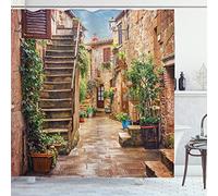 ABAKUHAUS Italian Shower Curtain, View of Old Mediterranean Street Stone Rock Houses in Italy City Rural Print, Cloth Fabric Bathroom Decor Set with Hooks, 78 Inches, Multicolor