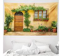 ABAKUHAUS Italy Tapestry, Porch Different Flowers Pots Fresh Plants City Life in Tuscany Europe, Fabric Wall Hanging Decor for Bedroom Living Room Dorm, 90 W X 54 L, Green brown apricot