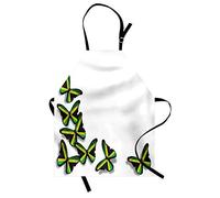 ABAKUHAUS Jamaican Apron, Buterflies Flag Motifs Caribbean Animal Illustration Rasta Culture Print, Unisex Kitchen Bib Apron with Adjustable Neck for Cooking Baking Gardening, Green Black Yellow