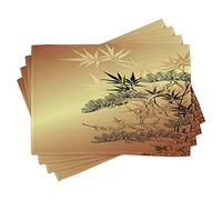 ABAKUHAUS Japanese Placemats, Branches and Bamboo Motifs with Striking Leaf Nature Illustration, Washable Fabric Dining Room Kitchen Table Decoration Digital Print, Amber Yellow