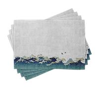 ABAKUHAUS Japanese Wave Placemats, Aquatic Swirls, Washable Fabric Dining Room Kitchen Table Decoration Digital Print, Cream Blue Gray