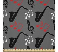 ABAKUHAUS Jazz Music Fabric by The Yard, Music Notes Treble Clef Saxophone Pattern Abstract Design Blues Performance, Fabric for Upholstery and Home Accents, 1M (148x100cm), Black Grey Red