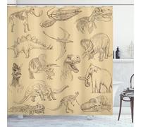 ABAKUHAUS Jurassic Shower Curtain, Arrangement of Various Dinosaurs Illustrations Skeleton Biology Historic, Cloth Fabric Bathroom Decor Set with Hooks, 175 x 200 cm, Ecru Black