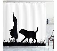 ABAKUHAUS Labrador Shower Curtain, Silhouette of Little Girl with Dog Walking in the Park Pet Care Love Theme, Cloth Fabric Bathroom Decor Set with Hooks, 70 Inches, Black and White
