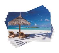 ABAKUHAUS Landscape Place Mats Set of 4, Island Caribbean Honeymoon Themed Beach Seashore Ocean Print, Washable Fabric Placemats for Dining Table, Standard Size, Light Brown Turquoise and White