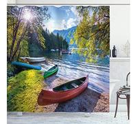 ABAKUHAUS Landscape Shower Curtain, Bohinj Lake with Boats Canoes Triglav National Park Julian Alps Slovenia Print, Cloth Fabric Bathroom Decor Set with Hooks, 70 Inches, Multicolor