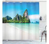 ABAKUHAUS Landscape Shower Curtain, Scenic View of a Beach with Greenery and Limestone Rocks Summer Journey, Cloth Fabric Bathroom Decor Set with Hooks, 70 Inches, Multicolor