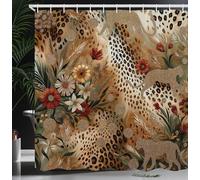 ABAKUHAUS Leopard Print Shower Curtain, Flowers Blossoming in Autumnal Vibes Wild and Exotic Pattern, Cloth Fabric Bathroom Decor Set with Hooks, 78" Inches, Camel Apricot Green