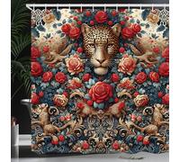 ABAKUHAUS Leopard Shower Curtain, Toasting Kitty Couple with Flying Heart Balloons on the Crescent Moon Stars, Cloth Fabric Bathroom Decor Set with Hooks, 78 Inches, Dark Coral Caramel and Blue