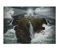 ABAKUHAUS Lighthouse Jigsaw Puzzle, Island Rocks Stormy Sea Crashing Waves Full Moon Beams, Heirloom-Quality Fun Activity for Family Durable Cardboard, 1000 pcs, Grey White Brown