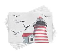ABAKUHAUS Lighthouse Place Mats Set of 4, Seagulls Beach Sea, Washable Fabric Placemats for Dining Room Kitchen Table Decor, Red Grey White