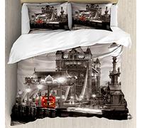 ABAKUHAUS London Duvet Cover Set, Urban Life Scenery, Bedding Set 3 Pieces with 2 Pillow Shams, 230 x 220 cm - 70 x 50 cm, Taupe Grey Red