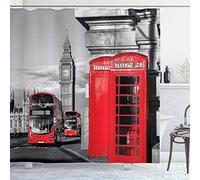 ABAKUHAUS London Shower Curtain, London Telephone Booth in The Street Traditional Local Cultural England UK Retro, Cloth Fabric Bathroom Decor Set with Hooks, 78" Inches, Grey Red