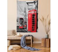 ABAKUHAUS London Tapestry, London Telephone Booth in the Street Traditional Local Cultural England UK Retro, Fabric Wall Hanging Decor for Bedroom Living Room Dorm, 58 W X 43 L, Red Grey