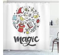 ABAKUHAUS Magician Shower Curtain, Magic Lettering with Round Shaped Doodle, Cloth Fabric Bathroom Decor Set with Hooks, 70 Inches, White Multicolor