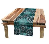 ABAKUHAUS Mandala Table Runner, Hippie Oriental Abstract Motifs Traditional Round Spring Inspired Design, Dining Room Kitchen Rectangular Runner, 16 W X 90 L Inches, Taupe Black Turquoise