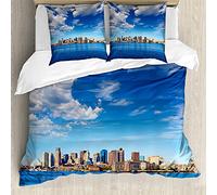ABAKUHAUS Massachusetts Fitted Sheet, Skyline of Boston, Decorative 3 Piece Bedding Set with 2 Pillow Shams, 155 cm x 200 cm - 80 x 80 cm, Blue and Multicolor