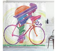 ABAKUHAUS Modern Shower Curtain, Sketch Hand Drawn Image of a Cycling Man on Bike Sun Grass Art Print, Cloth Fabric Bathroom Decor Set with Hooks, 78" Inches, Purple Multicolored