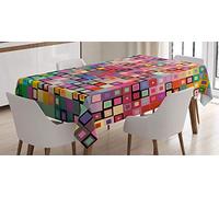 ABAKUHAUS Modern Tablecloth, Rainbow Like Colorful Design with Geometrical Details Squares with Dots Image Print, Dining Room Kitchen Table Cover, Rectangular 140 x 200 cm, Multicolor