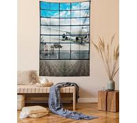 ABAKUHAUS Modern Tapestry, China Shangai Airport with Big Jet Plane Wanderlust Traveller Photograph, Fabric Wall Hanging Decor for Bedroom Living Room Dorm, 58 W X 43 L, White and Sky Blue