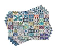 ABAKUHAUS Moroccan Place Mats Set of 4, Floral Patchwork Design Mediterranean Symbolic Artisan Work, Washable Fabric Placemats for Dining Table, Standard Size, Blue eggshell