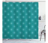 ABAKUHAUS Moroccan Shower Curtain, Timeless Motifs of the Orient with Geometric Composition Far East Asia, Cloth Fabric Bathroom Decor Set with Hooks, 70 Inches, Teal Pale Blue White
