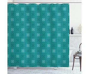 ABAKUHAUS Moroccan Shower Curtain, Timeless Motifs of the Orient with Geometric Composition Far East Asia, Cloth Fabric Bathroom Decor Set with Hooks, 78 Inches, Teal Pale Blue White