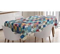 ABAKUHAUS Moroccan Tablecloth, Oriental Eastern Pattern Grid Style Patchwork Ornament Tiles Design Asian, ining Room Kitchen Rectangular Table Cover, 54 W X 78 L, Blue Beige