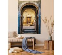 ABAKUHAUS Moroccan Tapestry, Typical Moroccan Door to Old Medina Mediterranean Historical Arch Entrance Photo, Fabric Wall Hanging Decor for Bedroom Living Room Dorm, 43 W X 58 L, Blue Beige