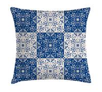 ABAKUHAUS Moroccan Throw Pillow Cushion Cover, Turkish Portuguese Style Mosaic Ceramic Patterns Country Style Vintage Image, Decorative Square Accent Pillow Case, 24 X 24 Inches, Navy Blue White