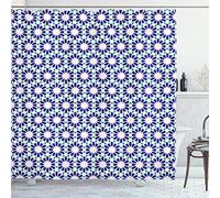 ABAKUHAUS Mosaic Shower Curtain, Classic Moroccan Portuguese Style Hexagons Geometric Repetition, Cloth Fabric Bathroom Decor Set with Hooks, 70" Inches, Indigo Dark Seafoam and White