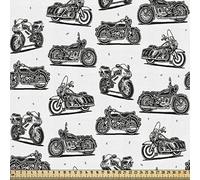 ABAKUHAUS Motorcycle Fabric by The Yard, Indoor and Outdoor Projects Retro Motorcycle Drawings of Old Fashion Modern on White Background, Fabric for Hobby Home, 1M (148x100cm), White Black Grey