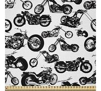 ABAKUHAUS Motorcycle Fabric by The Yard, Retro Chopper Pattern Monochrome Motorbike Design Adventure Cruising Theme, Microfiber Fabric for Arts and Crafts Textiles Decor, 1M (230x100cm), Black White